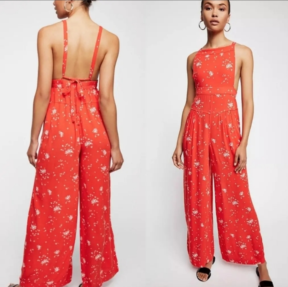 Free People Sweet in the Streets One Piece Overalls Floral Orange Small Jumpsuit